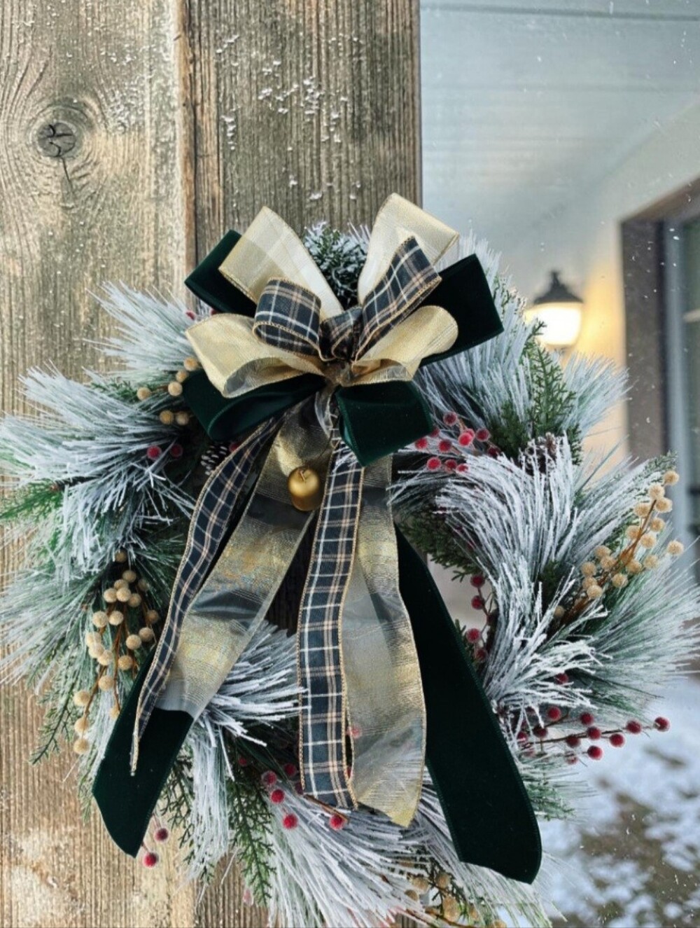 Festive Frosted Pine Holiday Wreath with Gold & Green Bow